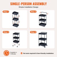 Vevor 3-Tier Plastic Rolling Utility Cart With Handle, Multi-Functional Storage Organizer With Lockable Wheels, Easy Assemble For Office, Living Room, Kitchen, Bathroom, Black