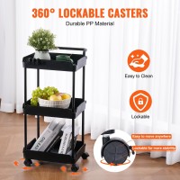 Vevor 3-Tier Plastic Rolling Utility Cart With Handle, Multi-Functional Storage Organizer With Lockable Wheels, Easy Assemble For Office, Living Room, Kitchen, Bathroom, Black