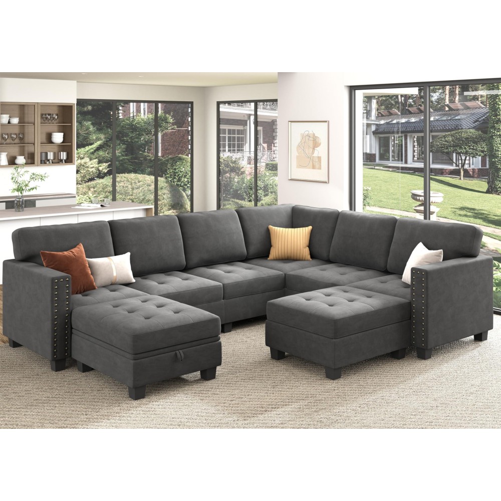 Honbay Velvet Modular Sectional Sofa L Shaped Sofa Couch With Storage Top Tray Ottoman U Shape Sectional Couch For Living Room