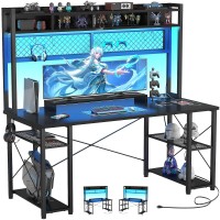 Armocity 2024 Upgrade Gaming Desk With Hutch, 55.2'' Magic Computer Desk With Led Lights And Outlets, Reversible Workstation Desk With Pegboard And Monitor Stand, Gamer Desk Pc Table, Black