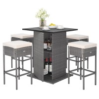 Tangkula 5 Piece Outdoor Rattan Bar Set, Patio Bar Furniture With 4 Cushions Stools And Smooth Top Table With Hidden Storage Shelf, Outdoor Conversation Set For Poolside, Backyard, Lawn (Grey-White)