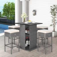Tangkula 5 Piece Outdoor Rattan Bar Set, Patio Bar Furniture With 4 Cushions Stools And Smooth Top Table With Hidden Storage Shelf, Outdoor Conversation Set For Poolside, Backyard, Lawn (Grey-White)