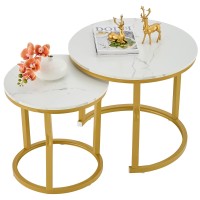 Hoctieon Nesting Coffee Tables, Round Nesting Tables Set of 2, End Tables, Stacking Nesting Tables for Living Room, Circle Coffee Tables, Side Tables Wooden Table Top, Gold&White