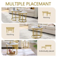 Hoctieon Nesting Coffee Tables, Round Nesting Tables Set of 2, End Tables, Stacking Nesting Tables for Living Room, Circle Coffee Tables, Side Tables Wooden Table Top, Gold&White