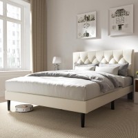 Queen Size Platform Bed Frame With Velvet Upholstered Headboard Button Tufted Design No Box Spring Needed Beige