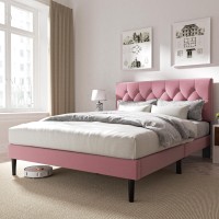 Full Size Platform Bed Frame With Velvet Upholstered Headboard Button Tufted Design No Box Spring Needed Pink