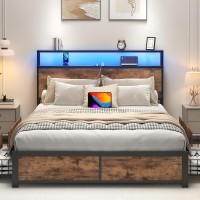 Lifezone Full Bed Frame With 2-Tier Storage Headboard  Metal Platform Bed Frame With 4 Storage Drawers  Built In Charging Station & Led  Noise-Free/Metal Support/No Box Spring Needed  Vintage Brown