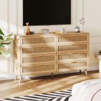 Rovaurx 8 Drawer Double Dresser For Bedroom Rattan Chest Of Dressers Modern Wooden Dresser Chest With Golden Handles Beside T