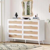 Rovaurx 8 Drawer Double Dresser For Bedroom Rattan Chest Of Dressers Modern Wooden Dresser Chest With Golden Handles Beside T