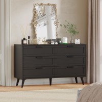 Rovaurx 6 Drawer Double Dresser For Bedroom Chest Of Dressers Modern Wooden Dresser Chest With Golden Handles Beside Table Fo