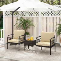 Tangkula 3 Pieces Patio Wicker Furniture Set, Outdoor Conversation Bistro Set with Cushioned Chairs and Tempered Glass Coffee Table, Modern Rattan Chair Set for Porch, Balcony, Lawn (Mix Brown-Beige)