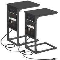 Tutotak C Shaped End Table With Charging Station Side Table For Sofa Couch Table With Storage Bag Set Of 2 Tv Tray Table Wit