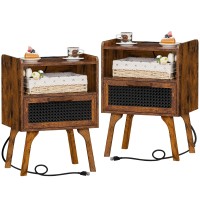 Lerliuo Rattan Nightstands Set Of 2 With Charging Station Boho Side Table With Drawer Open Shelf Cane Accent Bedside End Table