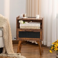 Lerliuo Rattan Nightstands Set Of 2 With Charging Station Boho Side Table With Drawer Open Shelf Cane Accent Bedside End Table