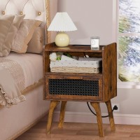 Lerliuo Rattan Nightstands Set Of 2 With Charging Station Boho Side Table With Drawer Open Shelf Cane Accent Bedside End Table