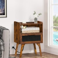 Lerliuo Rattan Nightstands Set Of 2 With Charging Station Boho Side Table With Drawer Open Shelf Cane Accent Bedside End Table