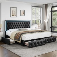 Keyluv King Upholstered Led Bed Frame With 4 Drawers Pu Leather Platform Storage Bed With Adjustable Button Tufted Headboard An