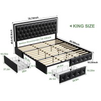 Keyluv King Upholstered Led Bed Frame With 4 Drawers Pu Leather Platform Storage Bed With Adjustable Button Tufted Headboard An