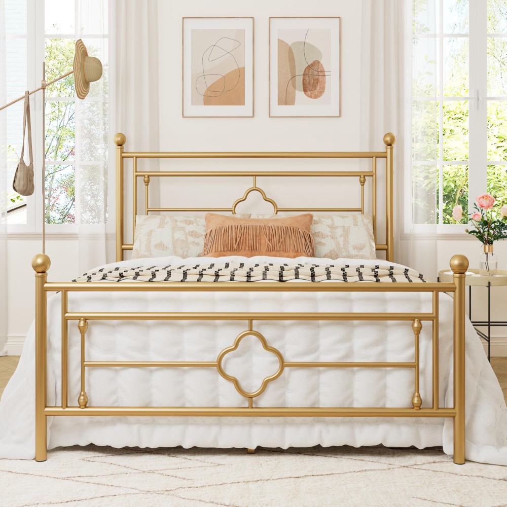 Allewie Queen Size Metal Platform Bed Frame With Victorian Vintage Headboard And Footboardmattress Foundationunder Bed Storage