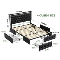 Keyluv Queen Upholstered Led Bed Frame With 4 Drawers Pu Leather Platform Storage Bed With Adjustable Button Tufted Headboard A