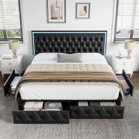 Keyluv Full Upholstered Led Bed Frame With 4 Drawers Pu Leather Platform Storage Bed With Adjustable Button Tufted Headboard An