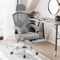 Newbulig Ergonomic Office Chair With Wheels, Computer Desk Seat With Adjustable Headrest Lumbar Support Soft Armrest, Footrest, Grey