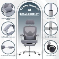 Newbulig Ergonomic Office Chair With Wheels, Computer Desk Seat With Adjustable Headrest Lumbar Support Soft Armrest, Footrest, Grey