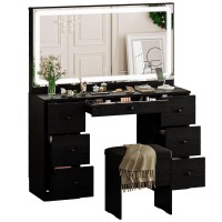 Ironck Vanity Makeup Desk Set With Led Lighted Mirror Power Outlet 7 Drawers Bedroom Vanities Table With Stool Black