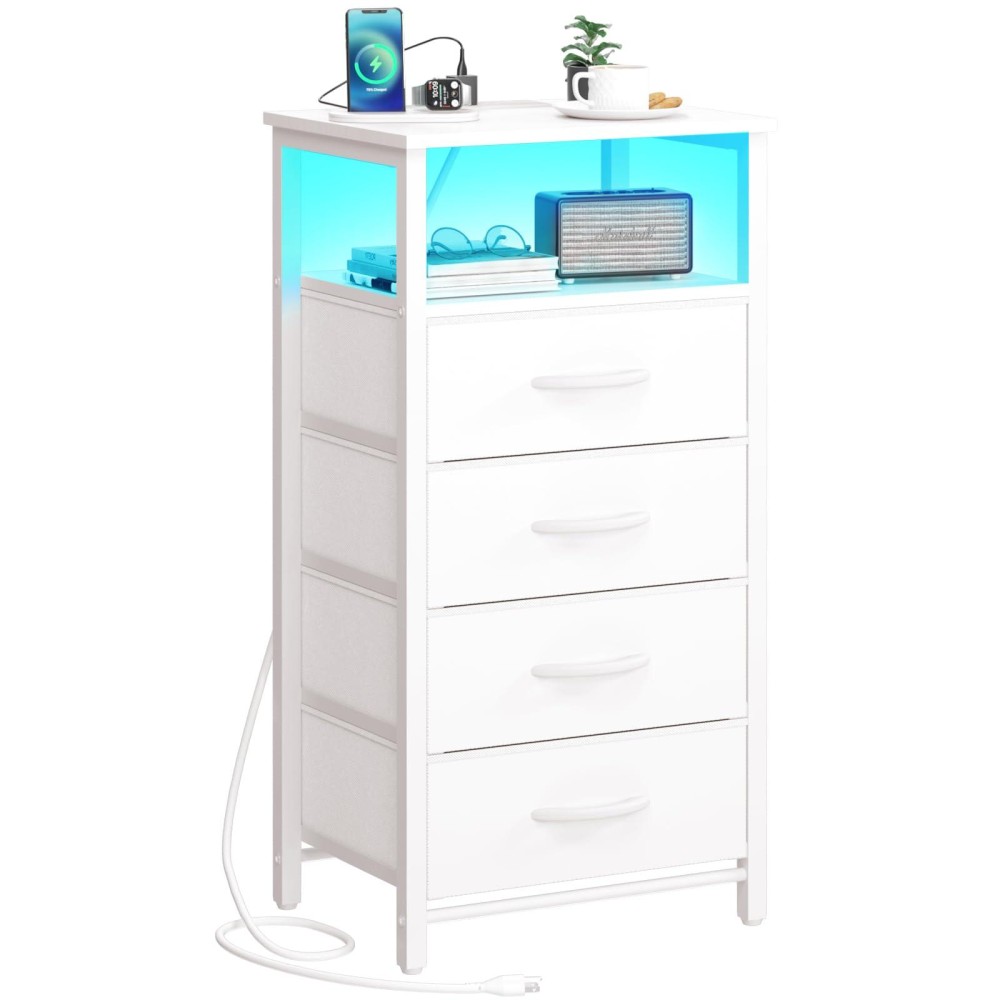 Yoobure Led Nightstand With Charging Station Tall Dressers For Bedroom White Night Stand With 4 Storage Drawers Bedside Table