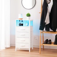 Yoobure Led Nightstand With Charging Station Tall Dressers For Bedroom White Night Stand With 4 Storage Drawers Bedside Table