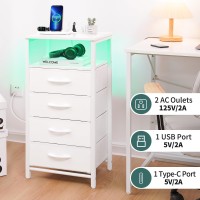 Yoobure Led Nightstand With Charging Station Tall Dressers For Bedroom White Night Stand With 4 Storage Drawers Bedside Table