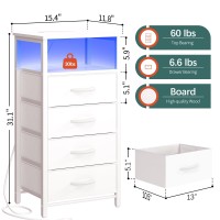 Yoobure Led Nightstand With Charging Station Tall Dressers For Bedroom White Night Stand With 4 Storage Drawers Bedside Table