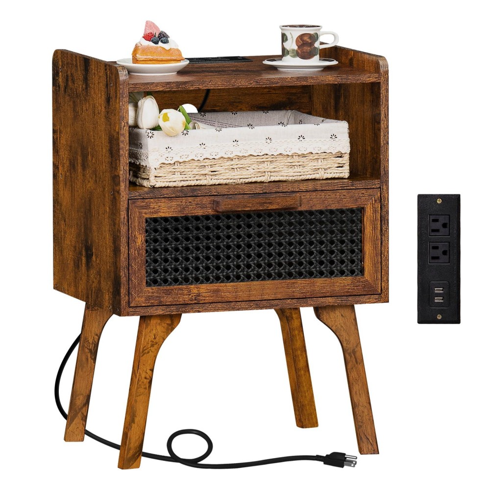 Lerliuo Rattan Nightstand With Charging Station Side Table With Drawer Open Shelf Cane Accent Bedside End Table With Solid Woo