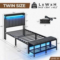 Rolanstar Twin Bed Frame With Charging Station & Led Lights, Upholstered Headboard With Storage Shelves, Heavy Duty Metal Slats, No Box Spring Needed, Easy Assembly,Grey