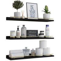 Wopitues Floating Shelves 24 Inch With Gold Metal Guardrail Shelves For Wall Decor Set Of 3 Wall Shelves For Bedroom Bathroom