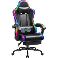 Shahoo Gaming Chair With Led Lights Footrest And Massage Lumbar Support Ergonomic Computer Seat Height Adjustable With 360Swiv