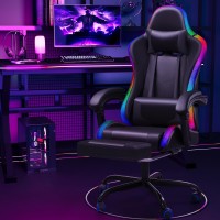 Shahoo Gaming Chair With Led Lights Footrest And Massage Lumbar Support Ergonomic Computer Seat Height Adjustable With 360Swiv