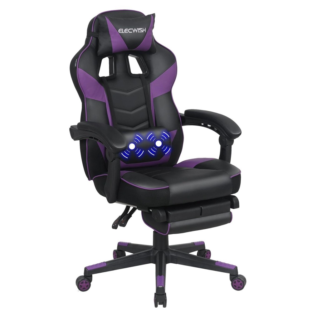 Elecwish Gaming Chair With Massager, Computer Gaming Chairs With Footrest For Adults Pu Leather High Back Racing Style Gamer Chairs Widen Thicken Seat And Lumbar Support (Purple)