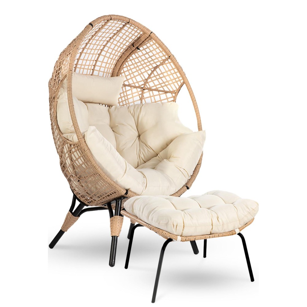 RADIATA Egg Chair with Footrest Outdoor Wicker Patio Egg Chairs with Ottoman for Indoor Bedroom Outside Porch Deck Backyard Garden (Beige,Medium)