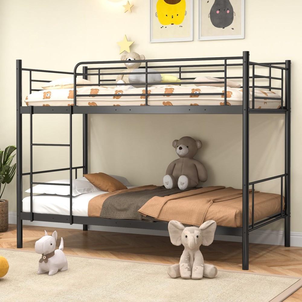 Komfott Metal Twin Over Twin Bunk Bed, Heavy-Duty Metal Bunk Bed Fame With Ladder& Full-Length Guardrails For Kids, Teens & Adults, Space Saving Bunk Bed, No Box Spring Needed