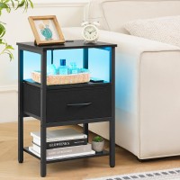 Yoobure Side Table With Storage Led Night Stand With Charging Station End Tables Living Room Nightstand For Bedroom With Adju