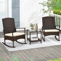 Tangkula 3 Pieces Rocking Wicker Bistro Set, Outdoor Front Porch Rocker Chairs Conversation Set with 2-Tier Tempered Glass Coffee Table and Thick Cushions for Garden, Balcony, Poolside (Off White)