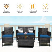Dortala 4-Piece Rattan Patio Furniture Set, Outdoor Sofa Table Set With Tempered Glass Coffee Table, Thick Cushion, Wicker Conversation Set For Garden, Lawn, Poolside And Backyard, Peacock Blue