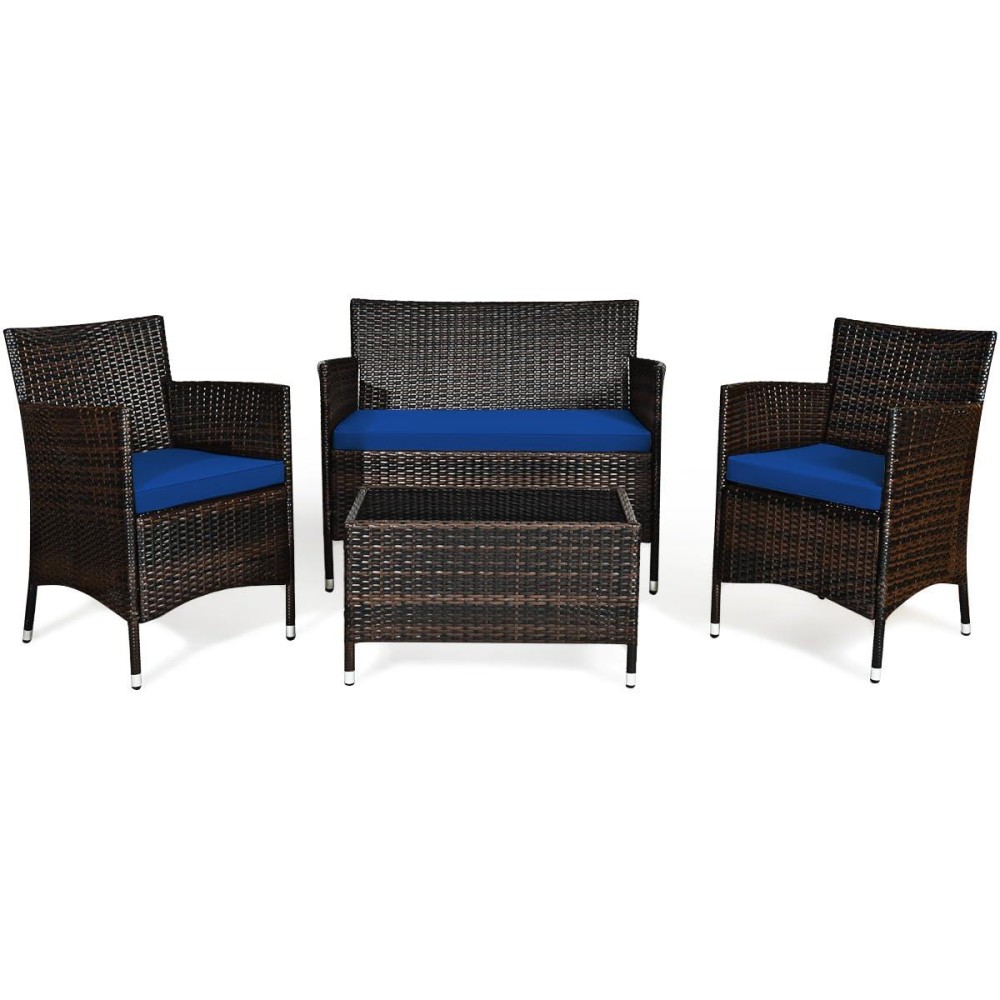 Dortala 4-Piece Rattan Patio Furniture Set, Outdoor Sofa Table Set With Tempered Glass Coffee Table, Thick Cushion, Wicker Conversation Set For Garden, Lawn, Poolside And Backyard, Navy