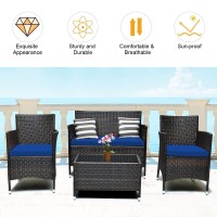 Dortala 4-Piece Rattan Patio Furniture Set, Outdoor Sofa Table Set With Tempered Glass Coffee Table, Thick Cushion, Wicker Conversation Set For Garden, Lawn, Poolside And Backyard, Navy