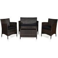 Dortala 4-Piece Rattan Patio Furniture Set, Outdoor Sofa Table Set With Tempered Glass Coffee Table, Thick Cushion, Wicker Conversation Set For Garden, Lawn, Poolside And Backyard, Black