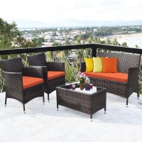 Dortala 4-Piece Rattan Patio Furniture Set, Outdoor Sofa Table Set With Tempered Glass Coffee Table, Thick Cushion, Wicker Conversation Set For Garden, Lawn, Poolside And Backyard, Orange