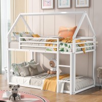 Bunk Bed Twin Over Twin Junior Metal Floor With Ladder, House Shaped Bunk Bed Frame For Kids Boys Girls, No Box Spring