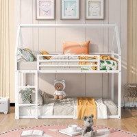Bunk Bed Twin Over Twin Junior Metal Floor With Ladder, House Shaped Bunk Bed Frame For Kids Boys Girls, No Box Spring