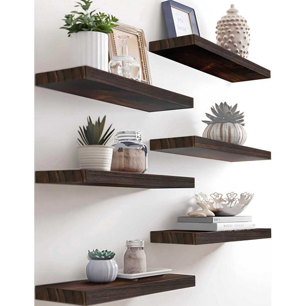 Phph Wood Floating Shelves For Wall Wooden Wall Shelves For Bedroom Set Of 6 Brown 17 Inch